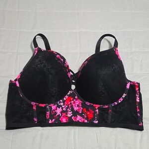 Black lace padded bra corset with flower trim by Torrid Curve 44